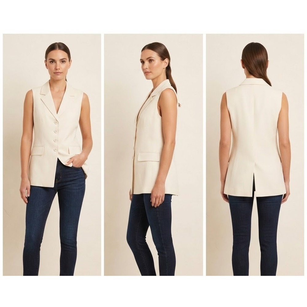 Paige Button Front Tailored Waistcoat Womens 4 Ivory Notch Lapel Flap Pockets